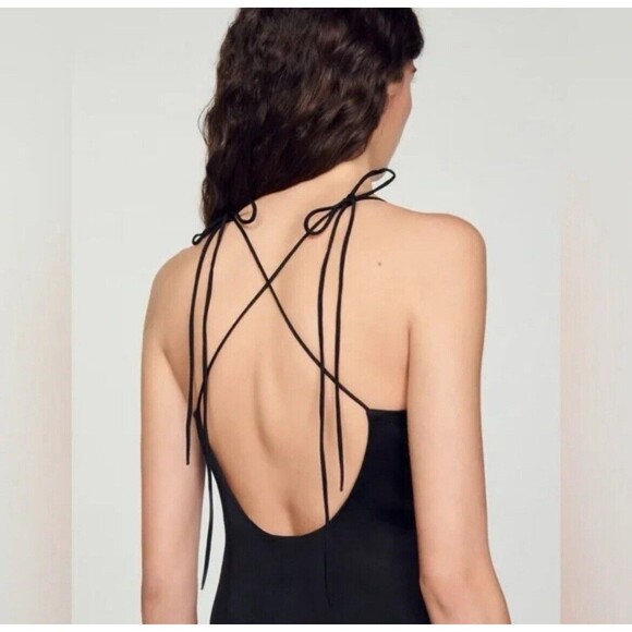 Jason Wu Dress Black Satin Midi Women's Small Ruched Silky Slip Strappy Back Tie - Picture 2 of 11